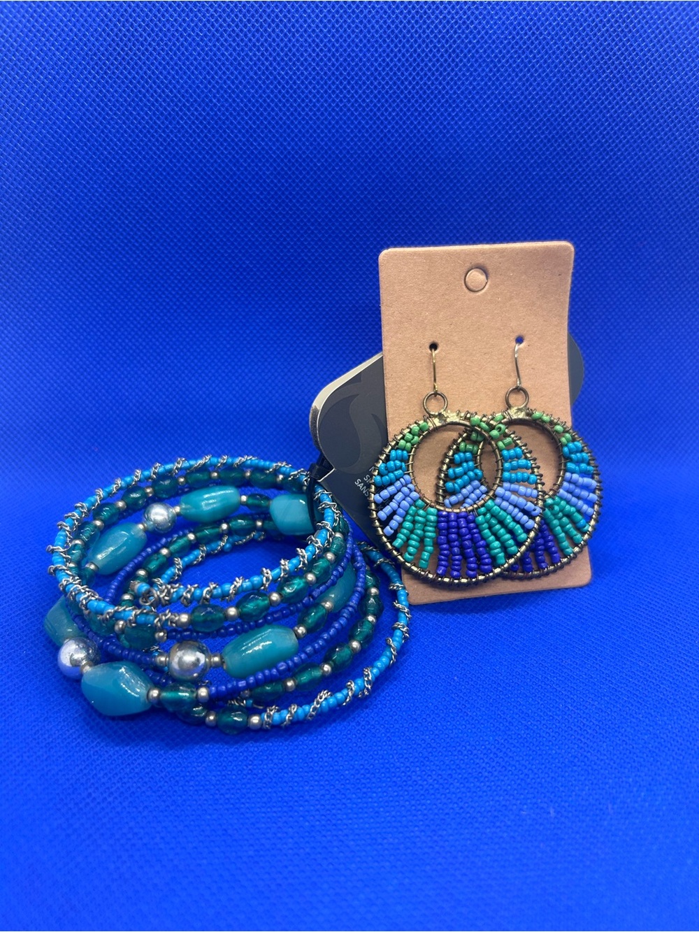 Beaded Teal & Green Hoop Earrings with Teal Wrap Bracelet Set